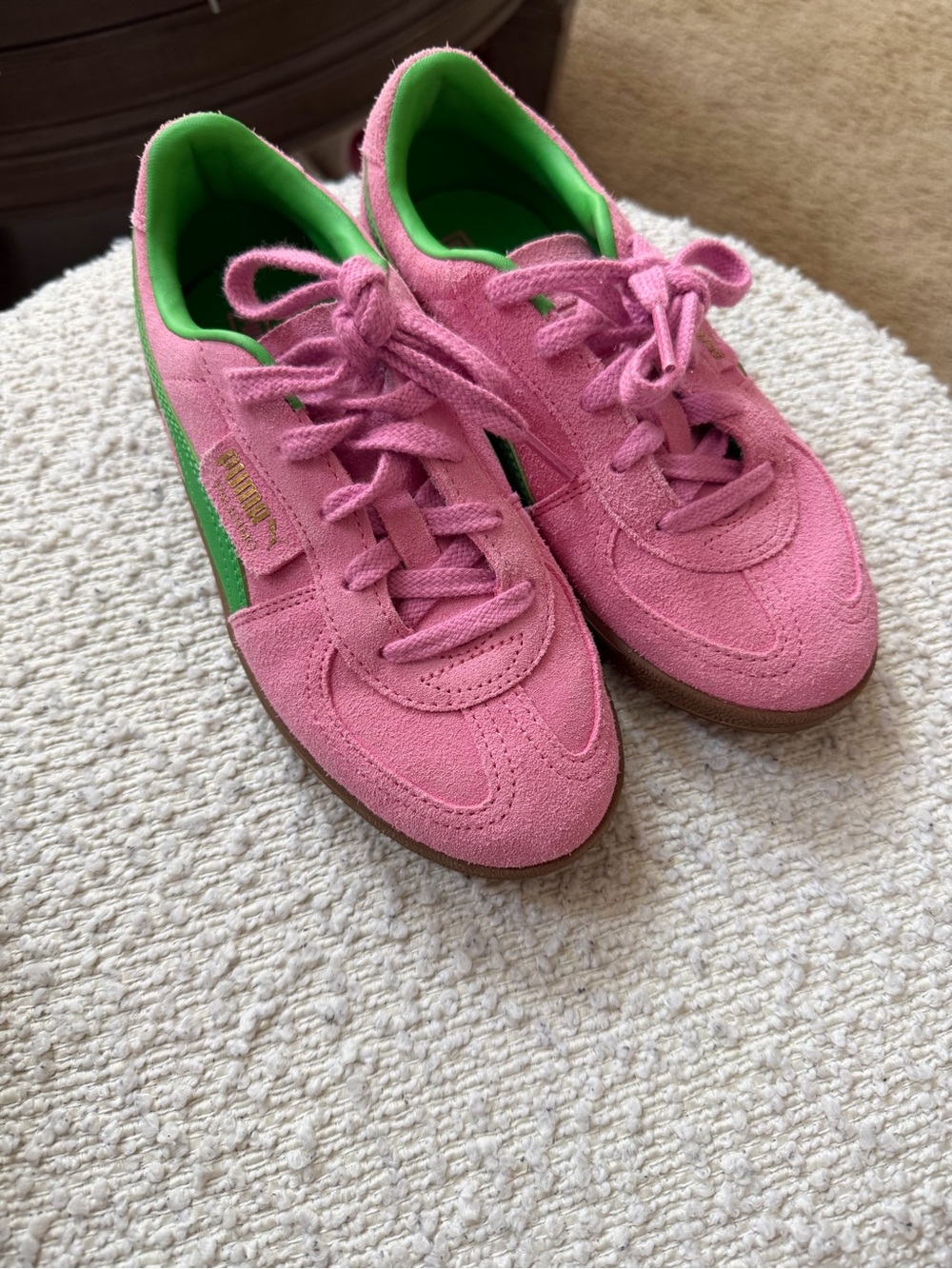 Puma Kids Pink Suede Sneakers with Green Details